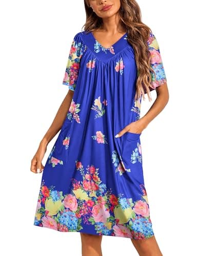 Ekouaer Womens Floral Print Pocket Nightgown Mumu Dress