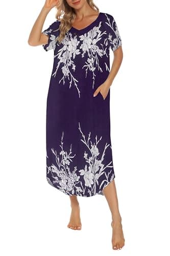YOZLY Soft V-Neck Short Sleeve Nightgowns for Women with Pockets