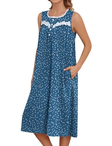 Bloggerlove Women's Sleeveless Nightgown with Pockets and Button Down Design