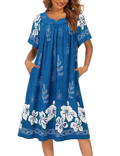 Ekouaer Womens Flower Print Nightgown Short Sleeve House Dress with Pockets