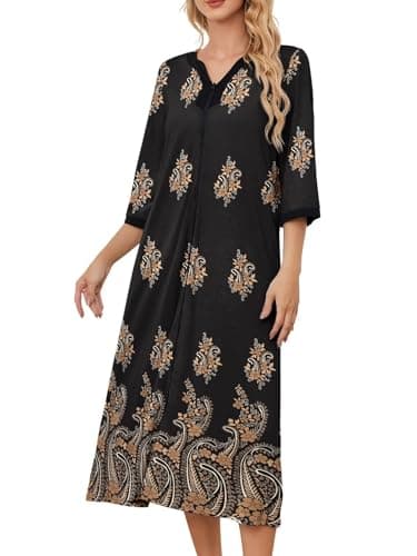 PITINAN Moo Moo Zip-Up Robe for Women Long Lounge Dress S-3XL