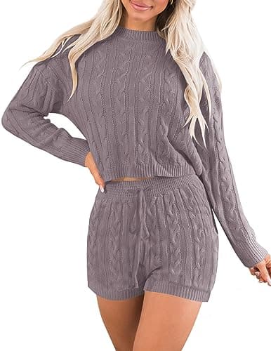 ZESICA Women's Casual Sweater Sets - Long Sleeve Cable Knit Tops and Drawstring Shorts