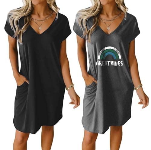 Ekouaer Womens V Neck Short Sleeve Nightgown with Pockets Plain/Floral