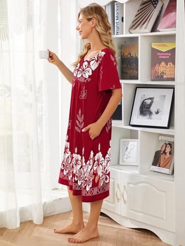 Womens House Dresses with Pockets - Moo Moo Nightgown Short Sleeve Mumu Dress Lounge Dress S-3XL
