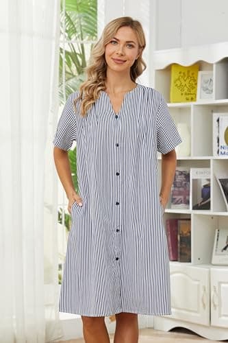 YOZLY Women's Cotton Duster Robe Short Sleeve Button Down Nightgown