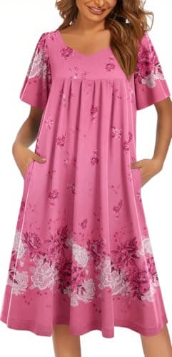 Ekouaer Women's Pleated Nightgown - Short Sleeves & Pockets