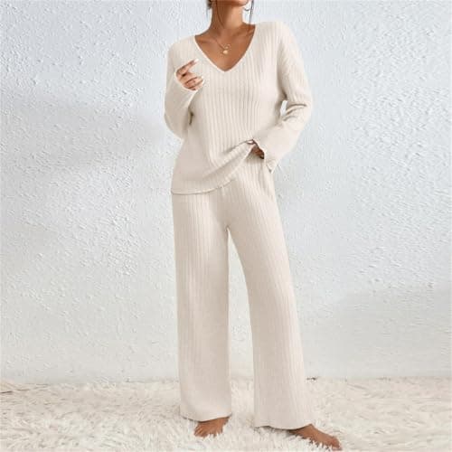 TIGENA Women's Ribbed Long Sleeve Sweater & Wide Leg Pants Lounge Set