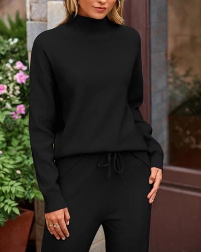 Dowerme Women's High Neck Chunky Knit SetWide Leg Pant Loungeewear Set