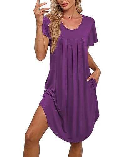 Bestshow Women's Pleated Front Loose Fit Short Sleeve Nightgown with Hand Pockets (S-5XL)