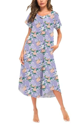 YOZLY Soft V-Neck Short Sleeve Nightgowns for Women with Pockets