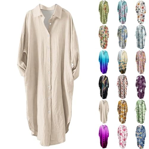 Women's Button Down Long Sleeve House Dress with Pockets - 2024 Fall Collection