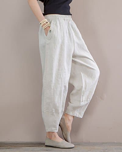 IXIMO Women's Comfortable Linen Crop Tapered Pants with Elastic Waist