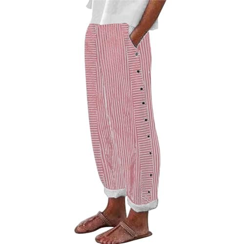 Trendy Women's Casual Linen Pants with Side Buttons and Pockets