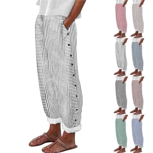 Trendy Women's Casual Linen Pants with Side Buttons and Pockets