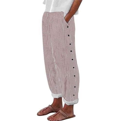 Trendy Women's Casual Linen Pants with Side Buttons and Pockets