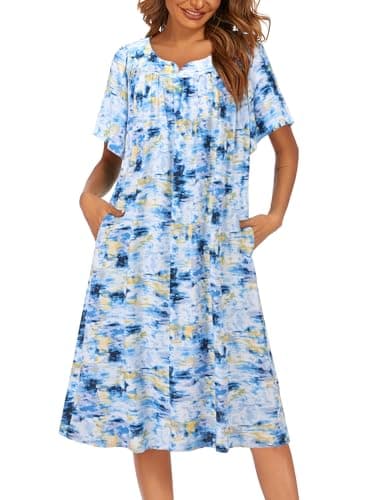 Women's Floral Print Short Sleeve Nightgown with Pockets