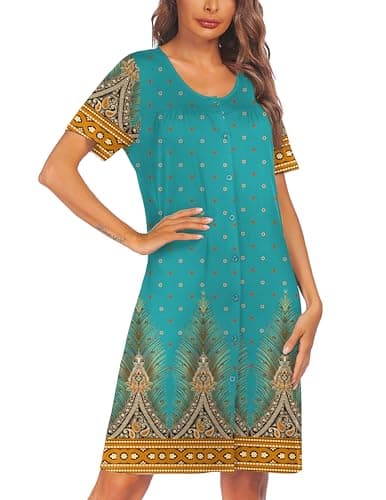 Ekouaer Women's Short Sleeve Pleated Nightgown - Button Down Snap Front S-2XL