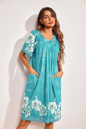 Ekouaer Womens Floral Print Pocket Nightgown Mumu Dress