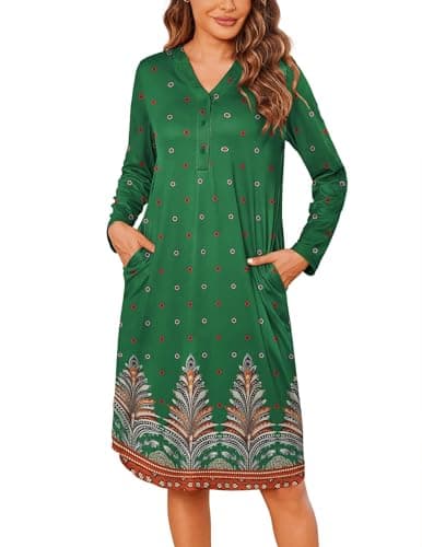 Ekouaer Women's Long Sleeve Nightgown with Pockets