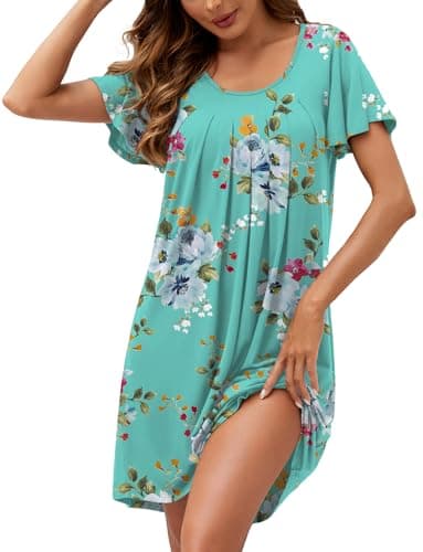 WEACZZY Women's Pleated Loose Fit Ruffle Short Sleeve Nightgown Sleepwear