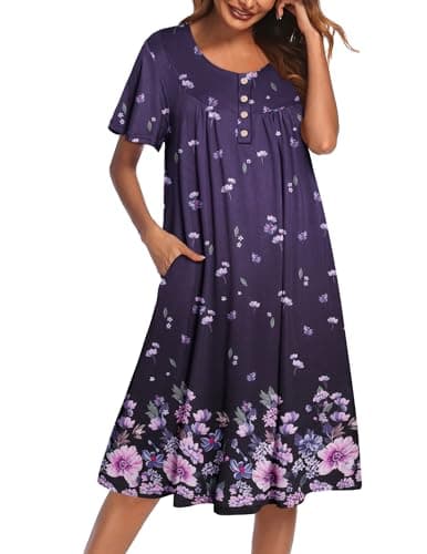 Ekouaer Women's Short Sleeve Nightgown with Pockets Floral Print