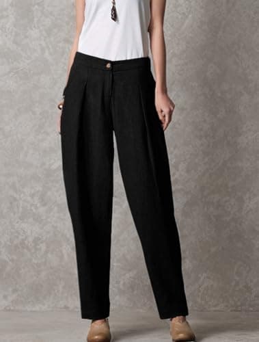 Minibee Women's Casual Linen Tapered Pants with Pockets Elastic Waist