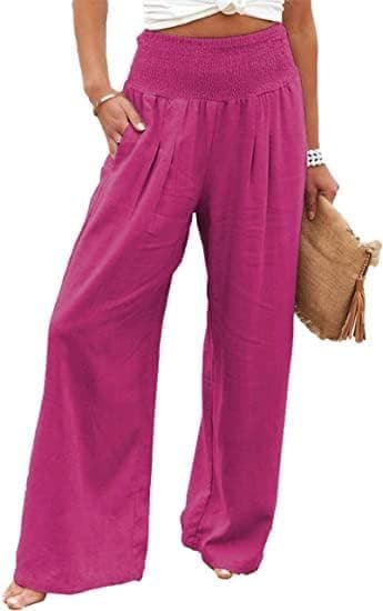 GLIENST Women's High-Waisted Smocked Linen Palazzo Pants S-2XL