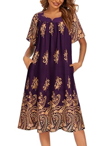 Women's Floral Print Short Sleeve Nightgown with Pockets