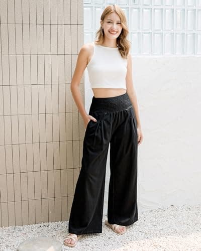 LOFBAZ Women's Summer High Waisted Boho Flowy Cotton Linen Palazzo Pants with Pockets