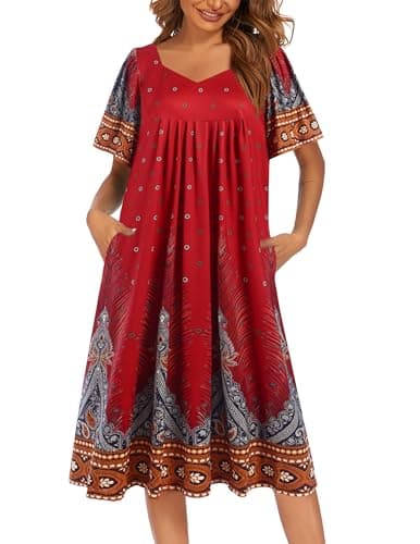 Ekouaer Women's Pleated Nightgown - Short Sleeves & Pockets