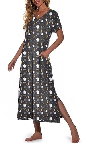 PrinStory Women's Soft V-Neck Long Nightgown with Pockets