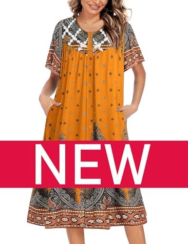 Ekouaer Women's Button Down Short Sleeve House Dress with Pockets S-4XL