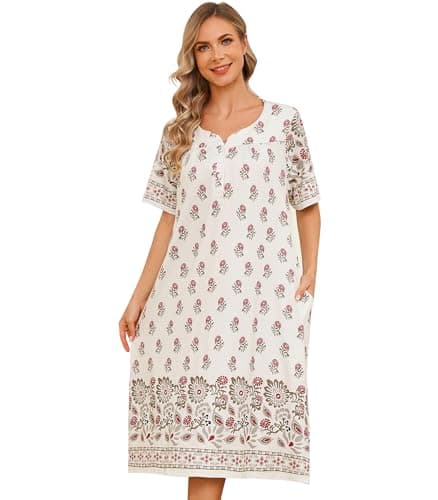 Flightbird Women's Short Sleeve Pockets Floral Print Nightgown