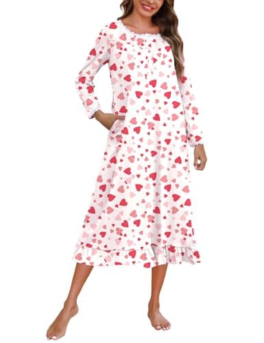 Marvmys Womens Long Sleeve Cotton Nightgown with Lace Trim and Pockets