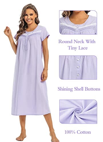 Women's Cotton Nightgown Short Sleeve Soft Comfy Button Loungewear