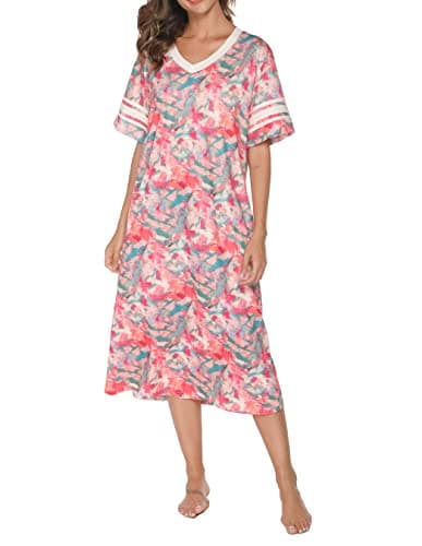 Vslarh Women's Soft V-Neck Knit Nightgown with Pockets S-XXL
