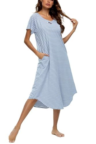 YOZLY Soft V-Neck Short Sleeve Nightgowns for Women with Pockets