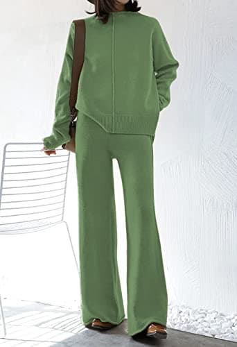 Fixmatti Women's Knit Sweatsuit with Turtleneck Top and Wide Leg Pants