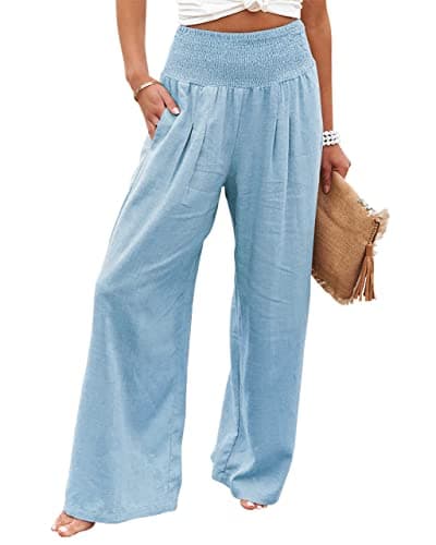 Chouuya Women's Smocked High-Waisted Cotton Linen Palazzo Pants Wide Leg with Pockets