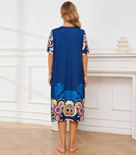 Flightbird Women's Short Sleeve Pockets Floral Print Nightgown
