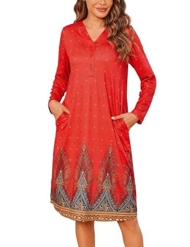 Ekouaer Women's Long Sleeve Nightgown with Pockets