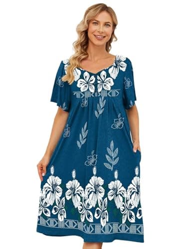 Womens House Dresses with Pockets - Moo Moo Nightgown Short Sleeve Mumu Dress Lounge Dress S-3XL