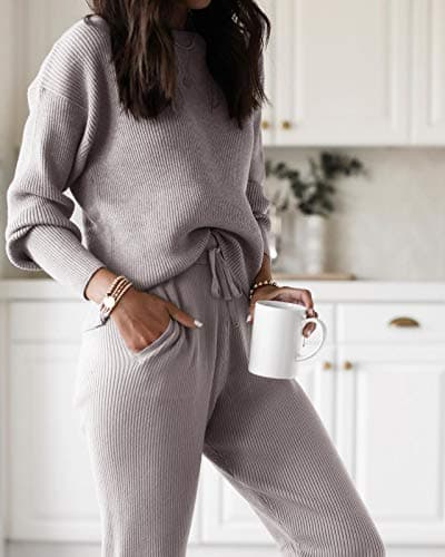 Eurivicy Women's Fall Rib Knit Outfit Set: Long Sleeve Top & Drawstring Pants