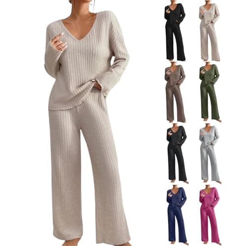 TIGENA Women's Ribbed Long Sleeve Sweater & Wide Leg Pants Lounge Set