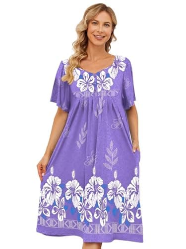 Womens House Dresses with Pockets - Moo Moo Nightgown Short Sleeve Mumu Dress Lounge Dress S-3XL