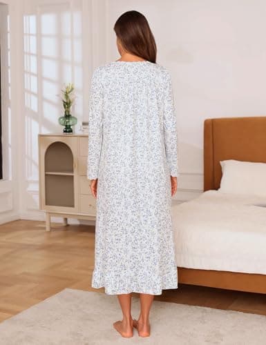 Marvmys Womens Long Sleeve Cotton Nightgown with Lace Trim and Pockets