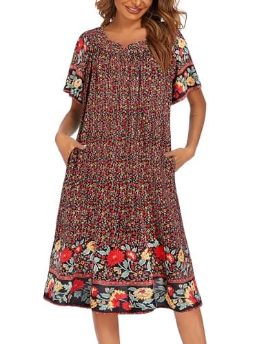 Women's Floral Print Short Sleeve Nightgown with Pockets