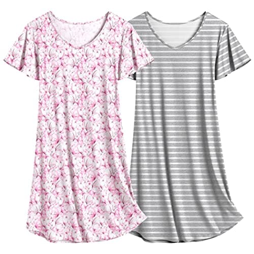 Ekouaer Women's Flare Short Sleeve V-Neck Nightgown 2-Pack S-2XL