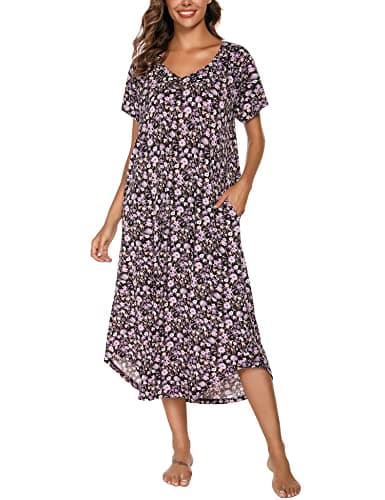 YOZLY Soft V-Neck Short Sleeve Nightgowns for Women with Pockets