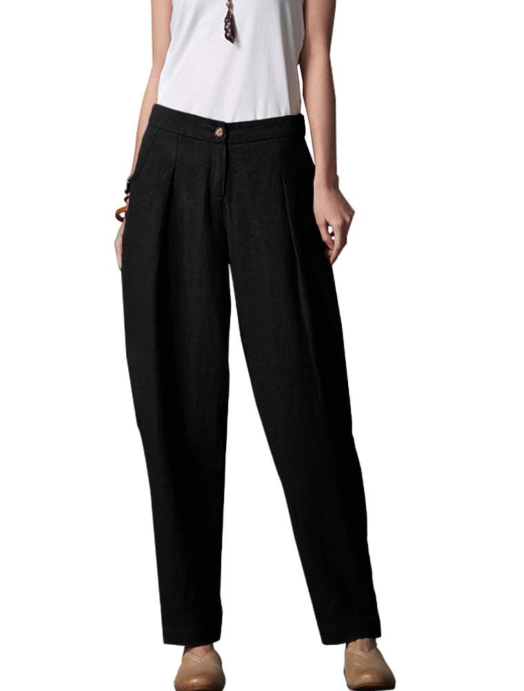 Minibee Women's Casual Linen Tapered Pants with Pockets Elastic Waist